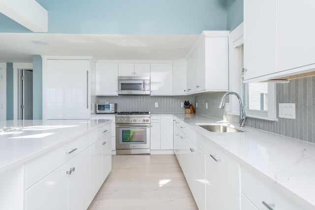 kitchen with sink, backsplash, white cabinets, and appliances with stainless steel finishes