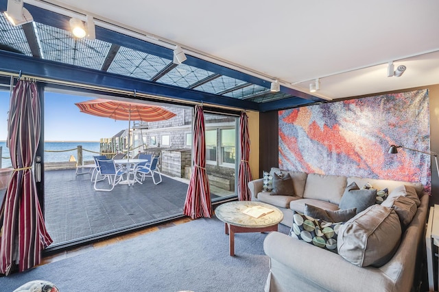 living area with a water view, track lighting, and wood finished floors
