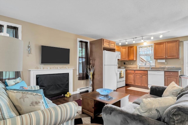 111 School St Unit 6, West Dennis, MA 02670 - living area featuring a baseboard heating unit, wood finished floors, and a glass covered fireplace