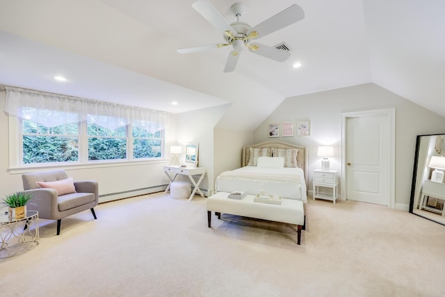 carpeted bedroom featuring ceiling fan, lofted ceiling, and a baseboard heating unit