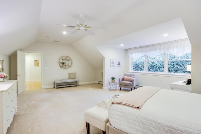 bedroom with a baseboard radiator, lofted ceiling, light colored carpet, and ceiling fan