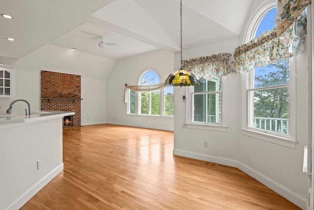 47 Cove View Dr, South Yarmouth, MA 02664 - unfurnished dining area with lofted ceiling, light wood-style flooring, a ceiling fan, baseboards, and recessed lighting
