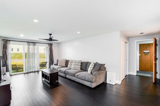 2 Marc Dr Unit 2B2, Plymouth, MA 02360 - living room featuring wood finished floors, baseboards, a ceiling fan, and recessed lighting