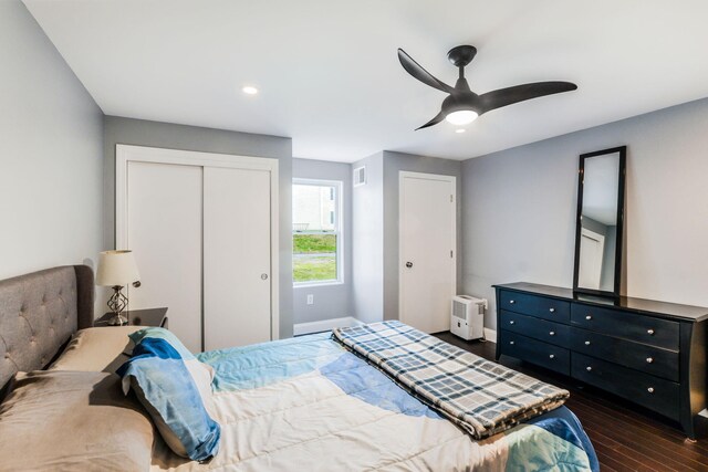 2 Marc Dr Unit 2B2, Plymouth, MA 02360 - bedroom with baseboards, recessed lighting, visible vents, dark wood finished floors, and ceiling fan