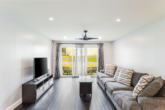 2 Marc Dr Unit 2B2, Plymouth, MA 02360 - living room featuring dark wood-style flooring, ceiling fan, recessed lighting, and baseboards