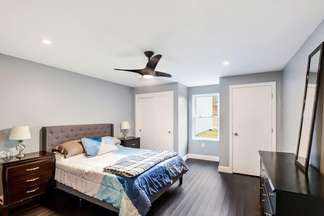 2 Marc Dr Unit 2B2, Plymouth, MA 02360 - bedroom with recessed lighting, dark wood-style floors, baseboards, and ceiling fan