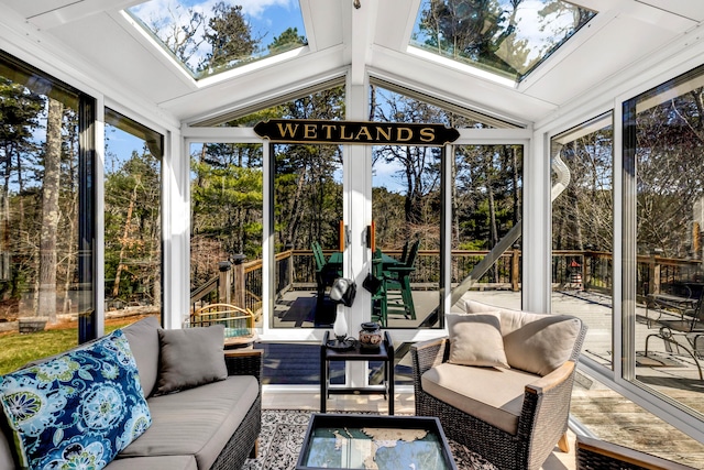 51 Buccaneer Way, Mashpee, MA 02649 - sunroom with a skylight, lofted ceiling, and an outdoor living space