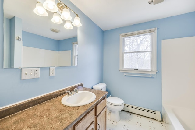 105 Edgewater Dr W, East Falmouth, MA 02536 - bathroom featuring a baseboard radiator, toilet, a bath, vanity, and a shower