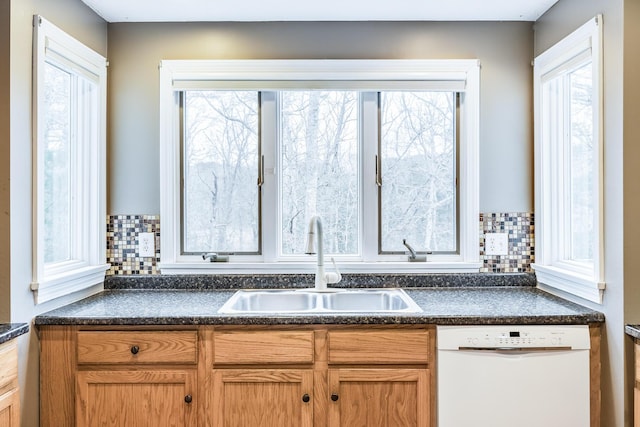 105 Edgewater Dr W, East Falmouth, MA 02536 - kitchen featuring white dishwasher, a sink, dark countertops, and backsplash