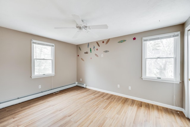 105 Edgewater Dr W, East Falmouth, MA 02536 - spare room with light wood finished floors, a baseboard radiator, ceiling fan, and baseboards