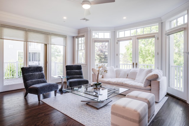 66 Simons Rd Unit C, Mashpee, MA 02649 - living area featuring crown molding, plenty of natural light, a ceiling fan, dark wood-type flooring, and recessed lighting
