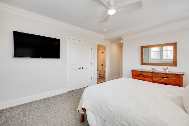 66 Simons Rd Unit C, Mashpee, MA 02649 - bedroom featuring ornamental molding, carpet flooring, a closet, ceiling fan, and ensuite bath