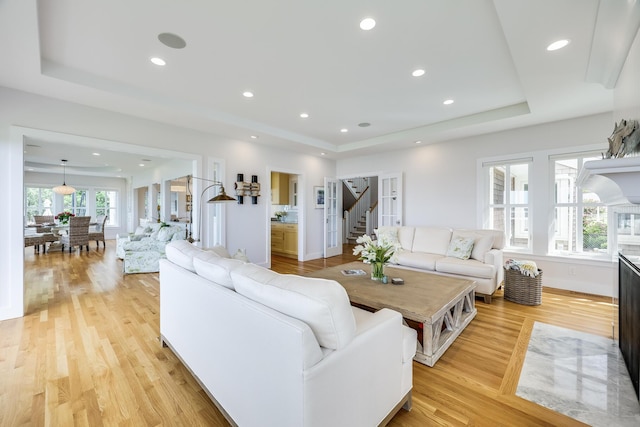 living room featuring a raised ceiling and light hardwood / wood-style flooring