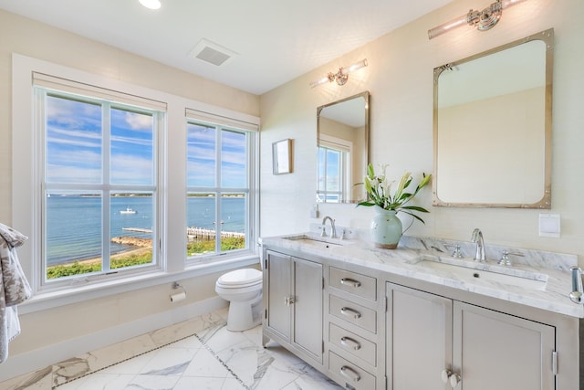 bathroom with vanity, toilet, and a water view