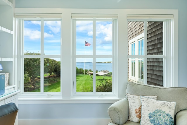 doorway to outside with a water view and a wealth of natural light