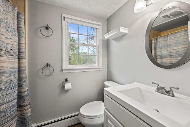 full bath with a baseboard radiator, toilet, vanity, a textured ceiling, and a shower with curtain
