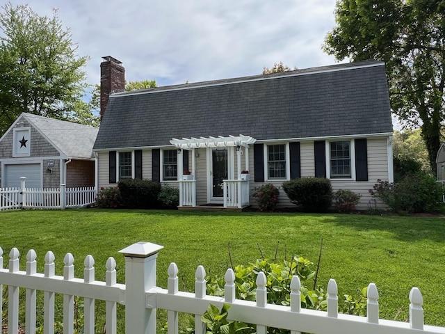114 Stoney Cliff Rd, Centerville, MA 02632 - view of front facade featuring a pergola, a chimney, and an outbuilding
