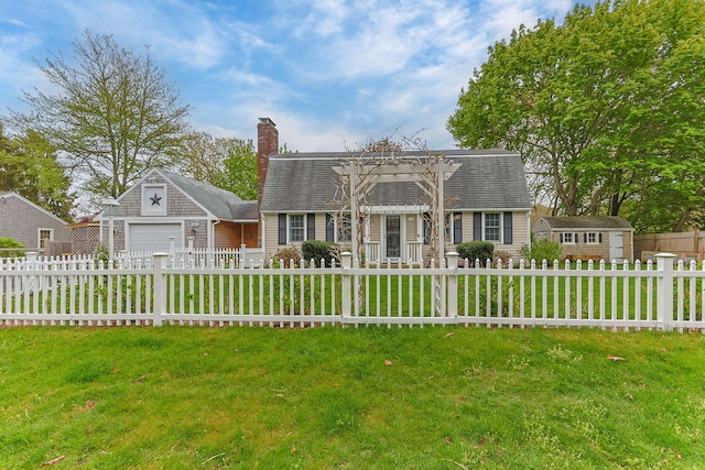dutch colonial with a chimney, a garage, and roof with shingles