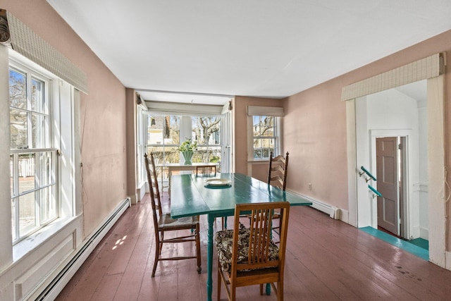 561 Commercial St, Provincetown, MA 02657 - dining room with a baseboard radiator, hardwood / wood-style floors, and baseboards