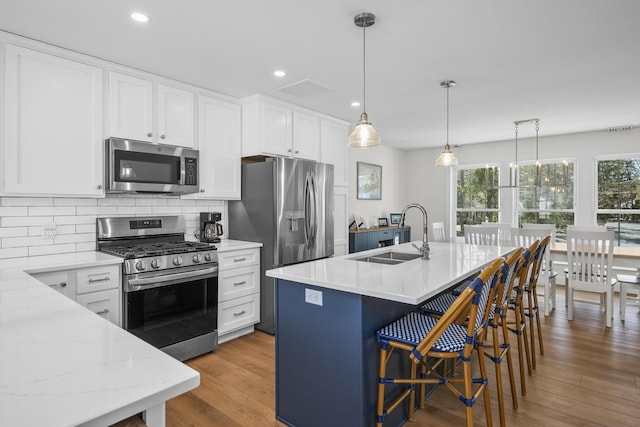 kitchen with a sink, backsplash, stainless steel appliances, white cabinets, and light wood finished floors