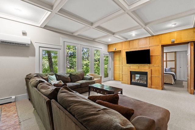 152 Algonquin Ave, Mashpee, MA 02649 - living room featuring an AC wall unit, coffered ceiling, healthy amount of natural light, a tile fireplace, and beamed ceiling