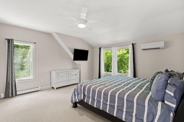 152 Algonquin Ave, Mashpee, MA 02649 - carpeted bedroom featuring an AC wall unit, a baseboard radiator, lofted ceiling, baseboard heating, and a ceiling fan