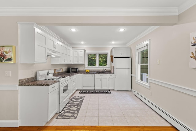 152 Algonquin Ave, Mashpee, MA 02649 - kitchen featuring white appliances, a baseboard heating unit, under cabinet range hood, white cabinets, and light tile patterned flooring