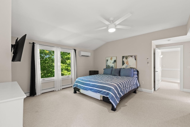152 Algonquin Ave, Mashpee, MA 02649 - carpeted bedroom featuring an AC wall unit, lofted ceiling, a baseboard radiator, and ceiling fan