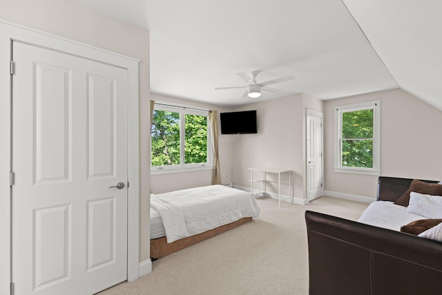 152 Algonquin Ave, Mashpee, MA 02649 - bedroom featuring light carpet, lofted ceiling, a ceiling fan, and a closet