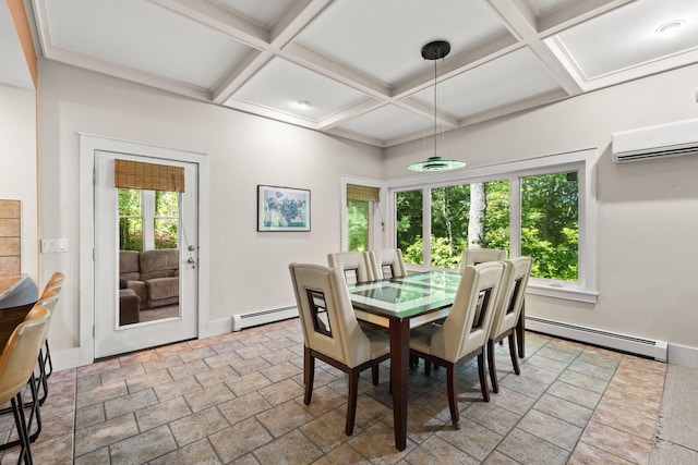 152 Algonquin Ave, Mashpee, MA 02649 - dining room featuring baseboard heating, a wall mounted air conditioner, coffered ceiling, beamed ceiling, and stone finish flooring