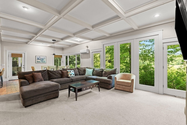152 Algonquin Ave, Mashpee, MA 02649 - carpeted living room featuring plenty of natural light, a wall mounted AC, coffered ceiling, beamed ceiling, and recessed lighting