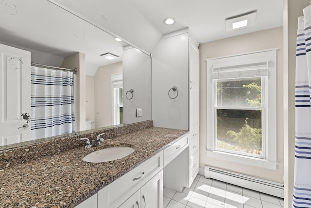 152 Algonquin Ave, Mashpee, MA 02649 - bathroom with baseboard heating, vanity, tile patterned floors, recessed lighting, and curtained shower