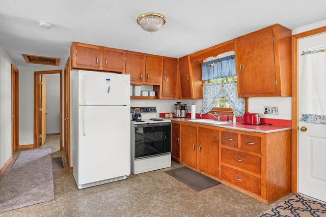 64 Uncle Percys Rd, Mashpee, MA 02649 - kitchen featuring freestanding refrigerator, range with electric cooktop, a sink, and brown cabinetry