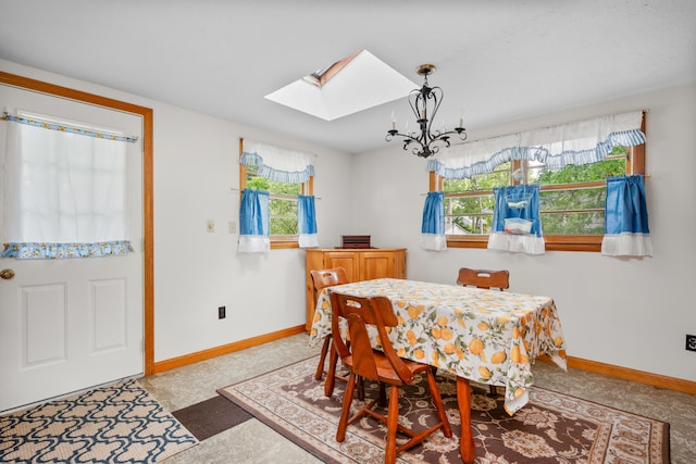 64 Uncle Percys Rd, Mashpee, MA 02649 - carpeted dining area with a skylight, baseboards, and a chandelier
