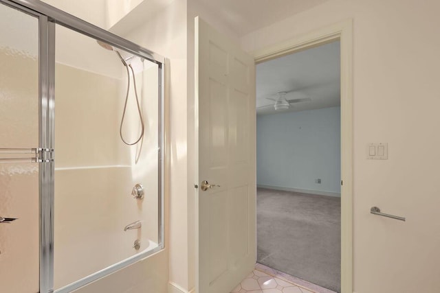 34 Marla Ln, Hatchville, MA 02536 - full bathroom featuring bath / shower combo with glass door, baseboards, tile patterned flooring, and a ceiling fan