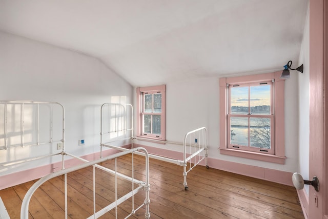 interior space featuring vaulted ceiling, baseboards, and wood finished floors