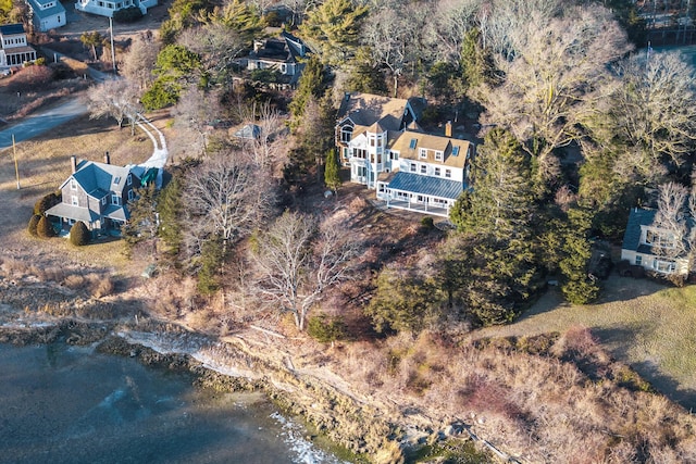 aerial view featuring a water view