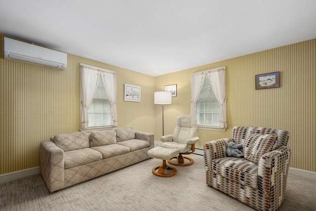 105 Rolling Hitch Rd, Centerville, MA 02632 - carpeted living room with a healthy amount of sunlight, wallpapered walls, and a wall unit AC