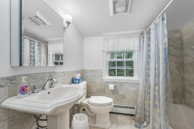 105 Rolling Hitch Rd, Centerville, MA 02632 - full bath with a baseboard radiator, toilet, visible vents, and tile walls