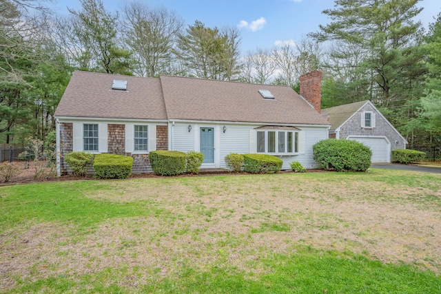 105 Rolling Hitch Rd, Centerville, MA 02632 - new england style home featuring a shingled roof, a front lawn, a chimney, and an outbuilding