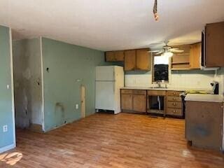 kitchen featuring sink, light wood-type flooring, ceiling fan, and white fridge