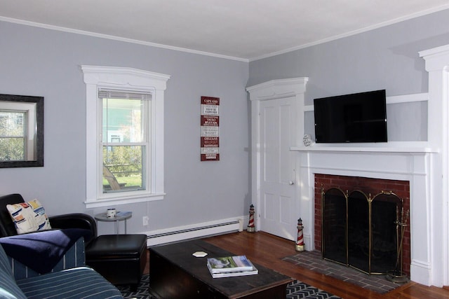 living room with a baseboard heating unit, a wealth of natural light, and wood finished floors