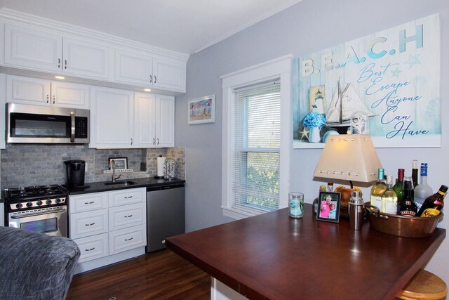 kitchen featuring a sink, dark countertops, backsplash, dark wood-type flooring, and appliances with stainless steel finishes