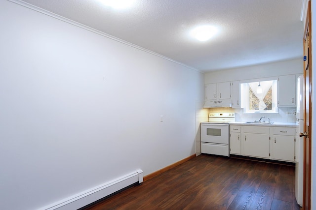 kitchen with a baseboard radiator, white electric range oven, white cabinets, sink, and dark hardwood / wood-style floors