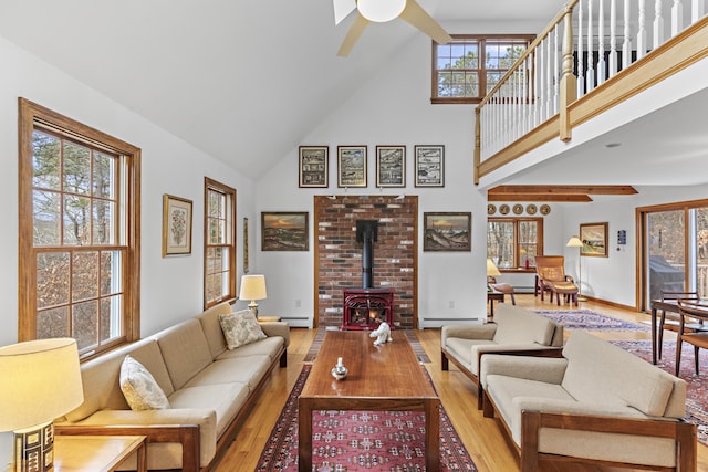 living room featuring a healthy amount of sunlight, wood finished floors, and a wood stove