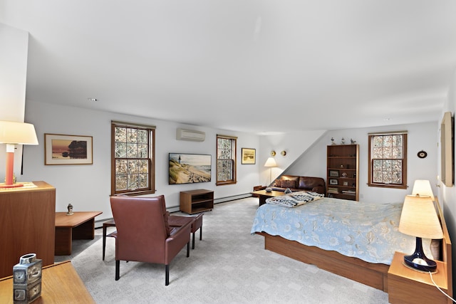 bedroom with a wall mounted AC, carpet flooring, and a baseboard radiator