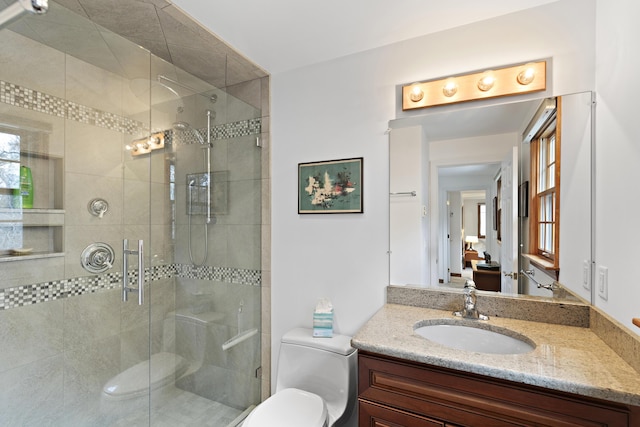 bathroom featuring toilet, a stall shower, and vanity