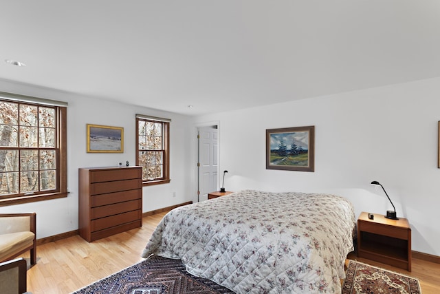 bedroom featuring light wood-type flooring and baseboards