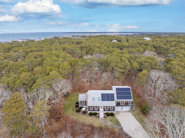 bird's eye view with a water view and a view of trees