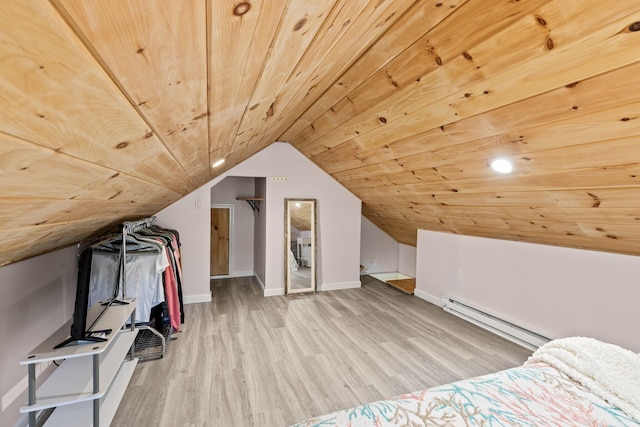 16 Samoset Rd, South Yarmouth, MA 02664 - unfurnished bedroom featuring baseboards, wooden ceiling, baseboard heating, wood finished floors, and lofted ceiling